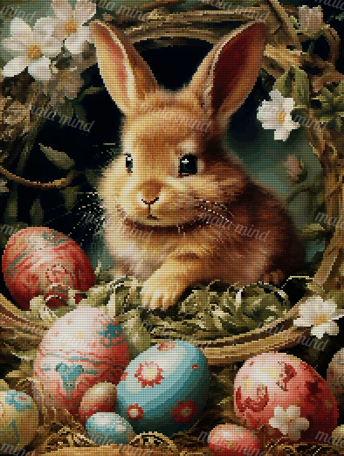 Brown rabbit surrounded by colorful Easter eggs, white flowers, green foliage, and wooden branches — 04_diamond_render