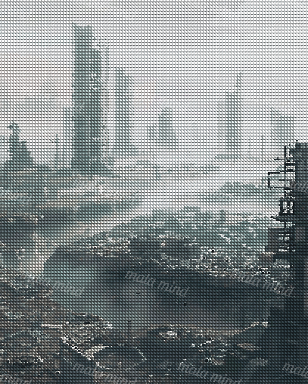 Fog-shrouded futuristic city with skeletal towers, industrial ruins, and fractured platforms spanning a deep ravine. — 04_diamond_render