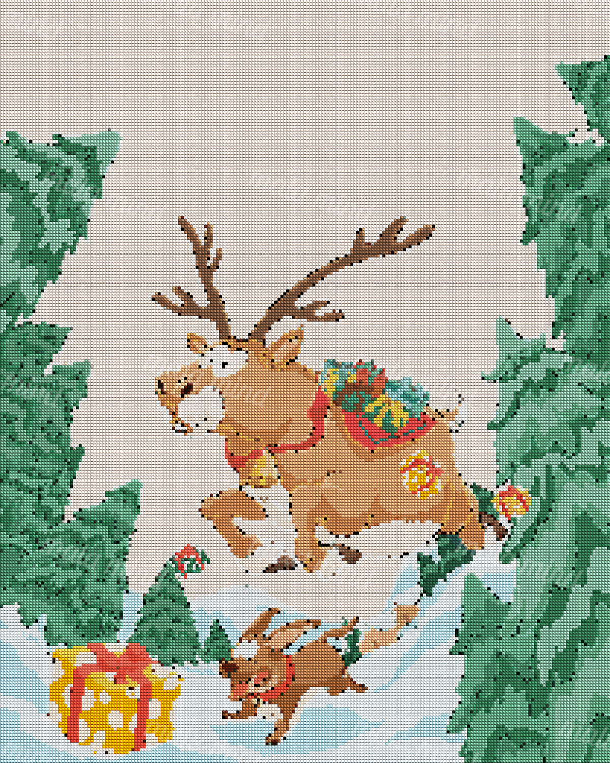 Cartoon reindeer carrying gifts above a rabbit in a snowy evergreen forest — 04_diamond_render