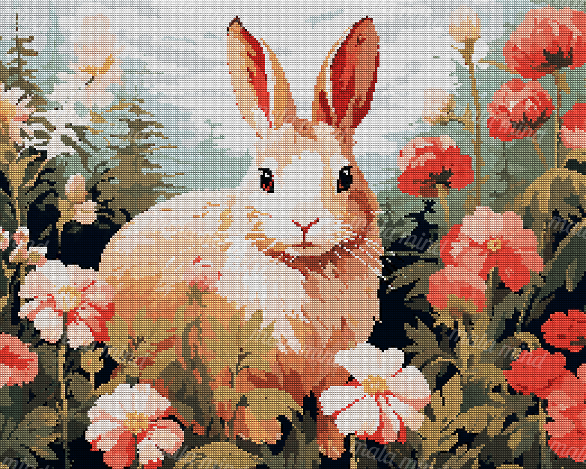 Stylized rabbit surrounded by coral and pink flowers in a dense woodland garden — 04_diamond_render
