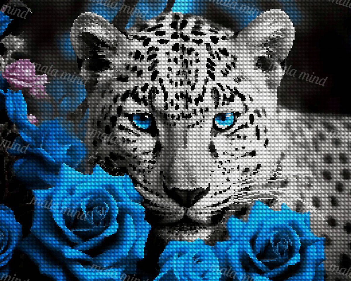 White leopard with bright blue eyes framed by vivid blue roses and a pink rose — 04_diamond_render