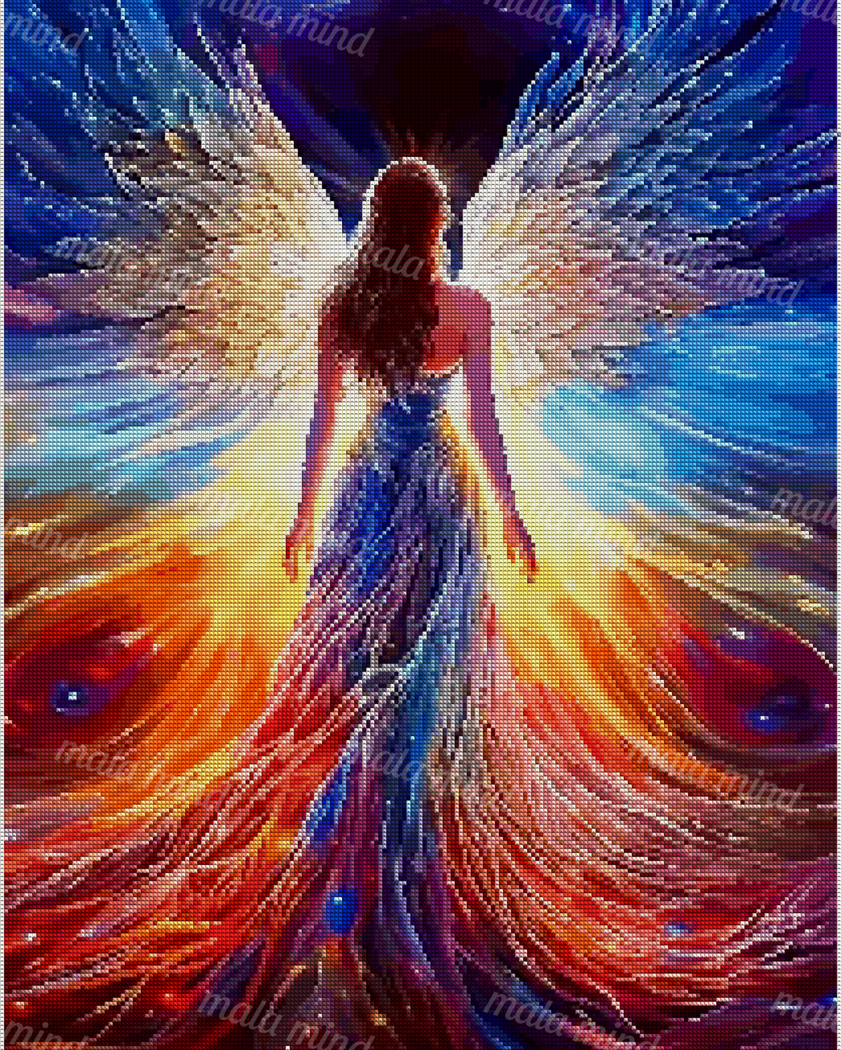 Back-facing woman in a flowing gown with large white and blue wings amid radiant multicolored light — 04_diamond_render