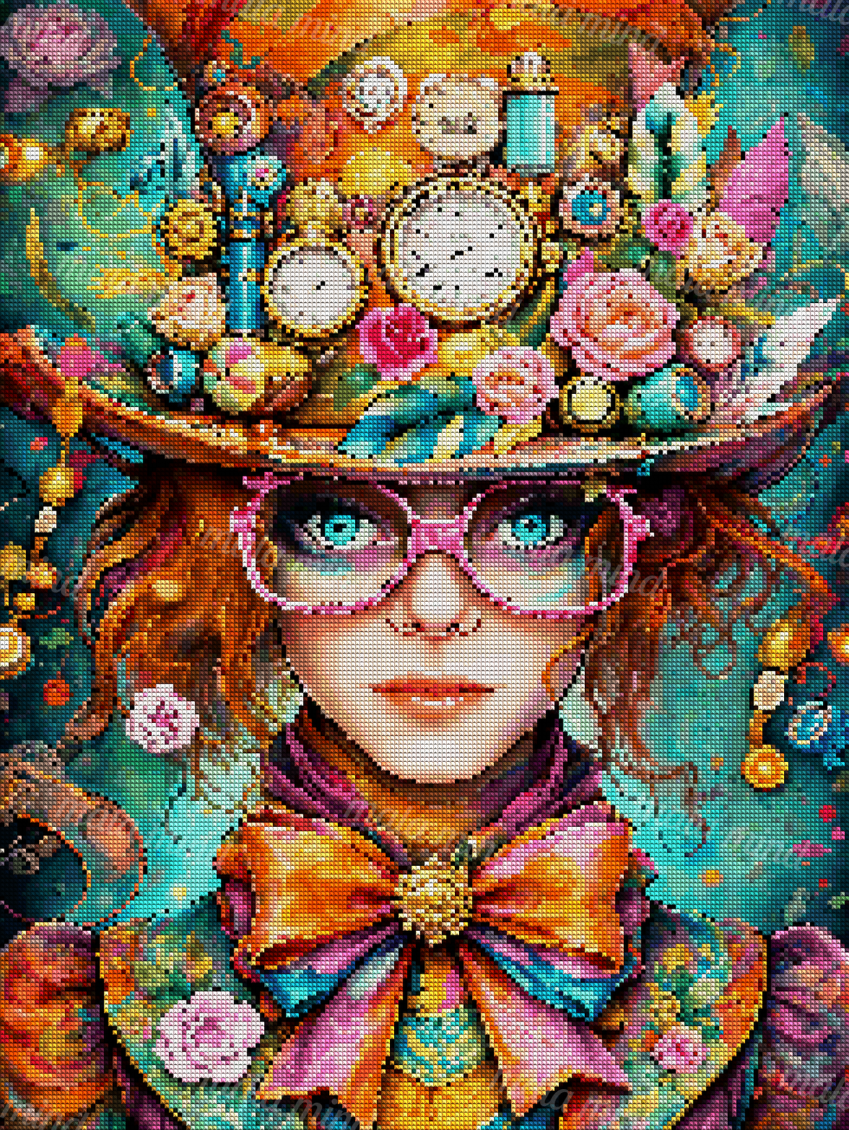 Steampunk woman with pink glasses and a clockwork hat surrounded by roses, gears, feathers, and a large bow. — 04_diamond_render