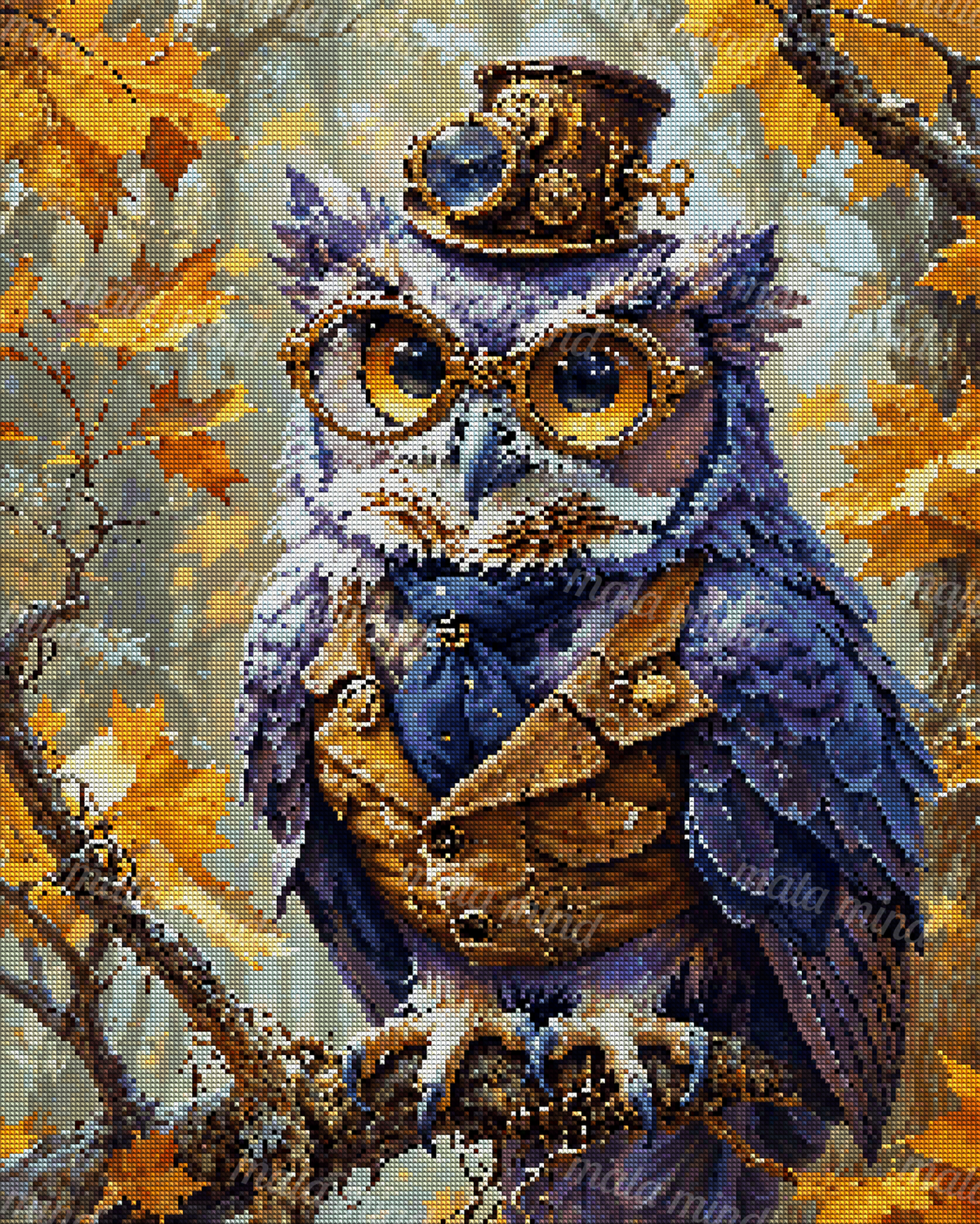 Purple steampunk owl with bronze goggles and top hat perched among orange autumn leaves — 04_diamond_render