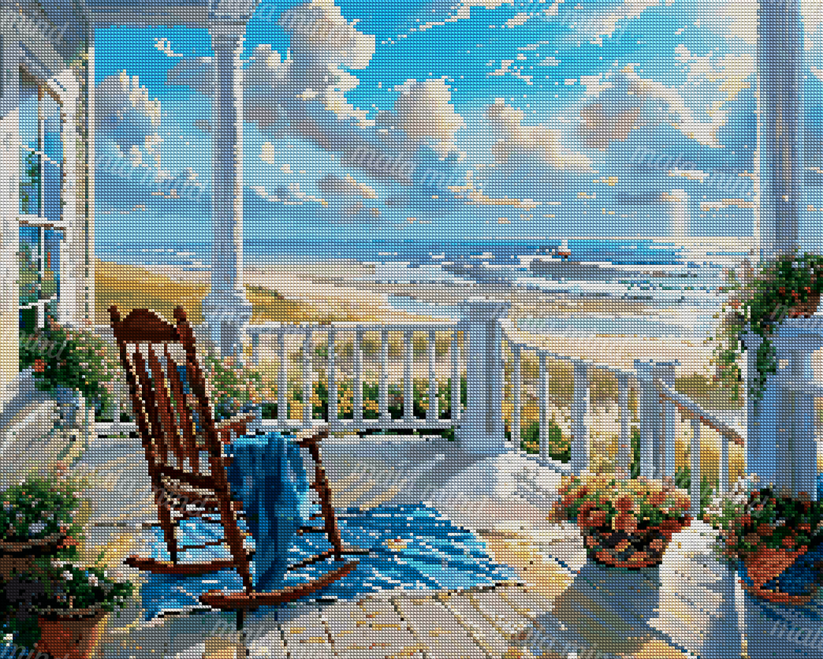 Sunlit porch with rocking chair and flowers overlooking a sandy beach, ocean waves, and a sailboat — 04_diamond_render
