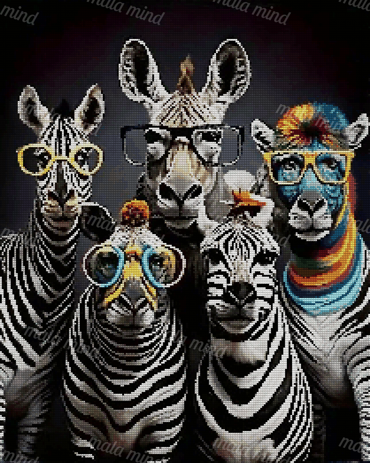 Five zebras wearing colorful glasses, including one with a rainbow mane, posed against a dark background. — 04_diamond_render