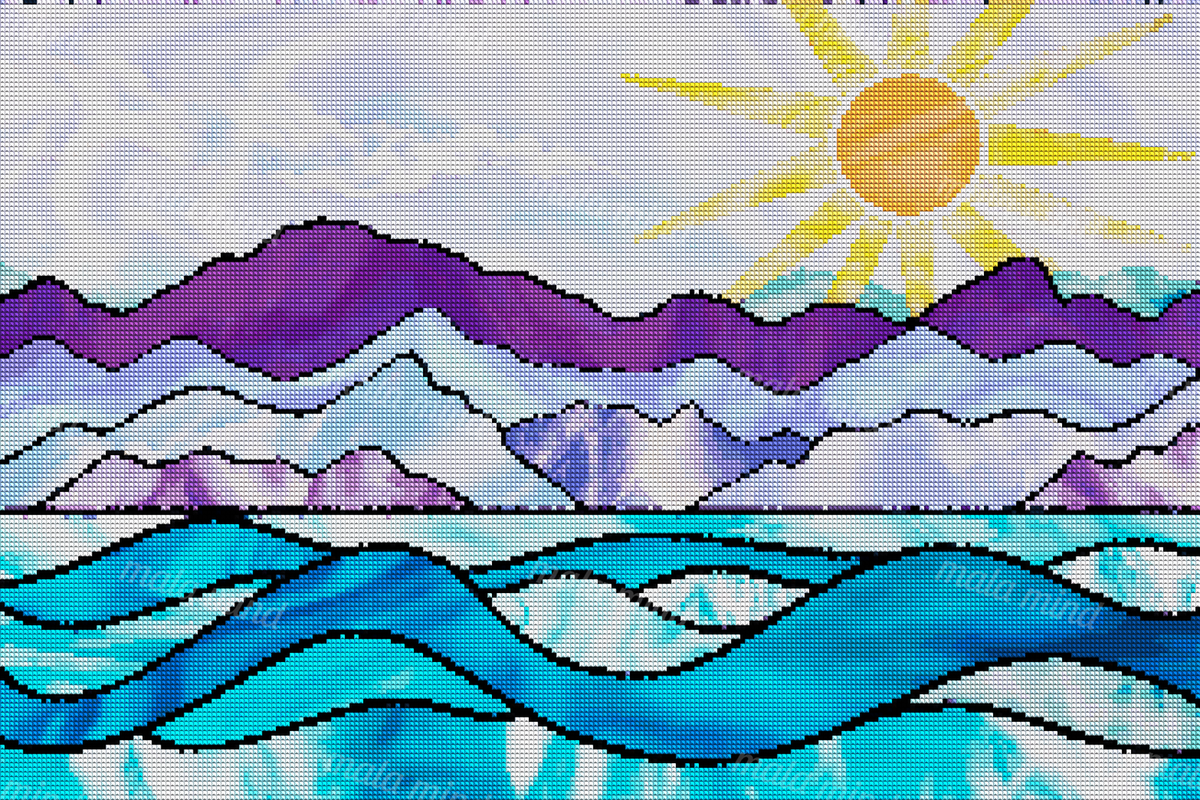 Stained-glass-inspired mountain landscape with a radiant sun, purple peaks, clouds, and layered blue waves. — 04_diamond_render