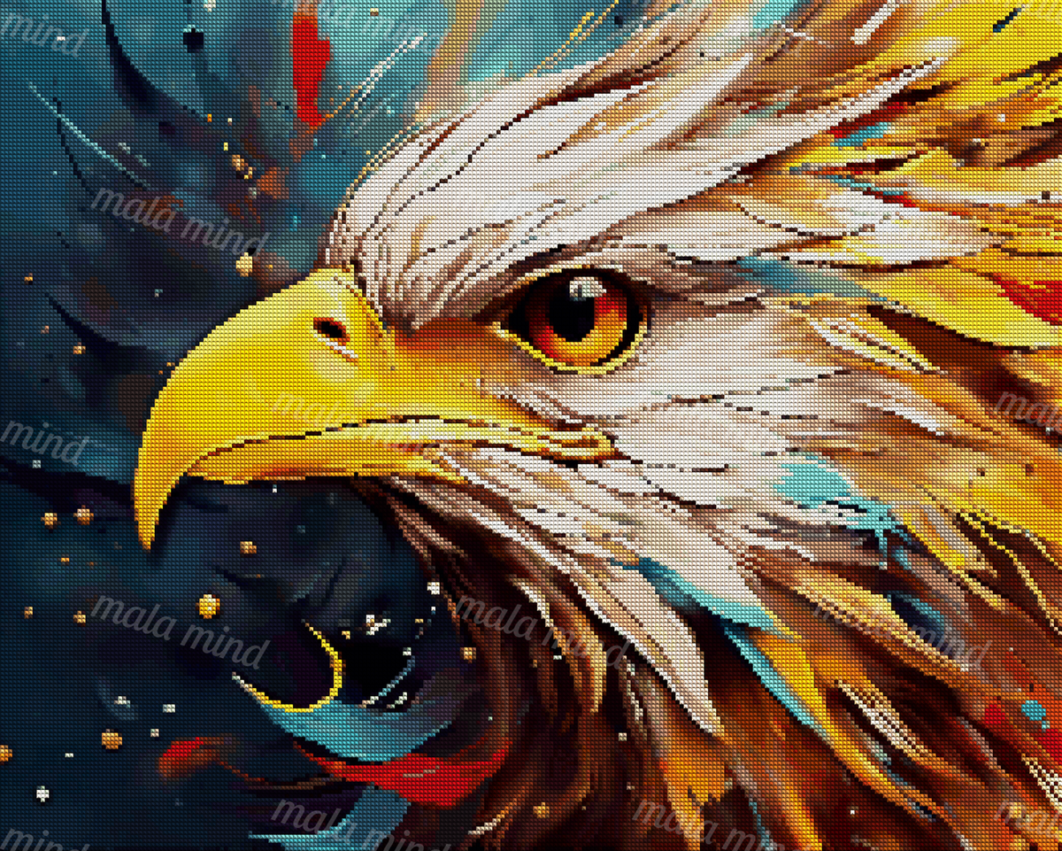 Close-up bald eagle with a golden beak and orange eye against a colorful abstract background — 04_diamond_render