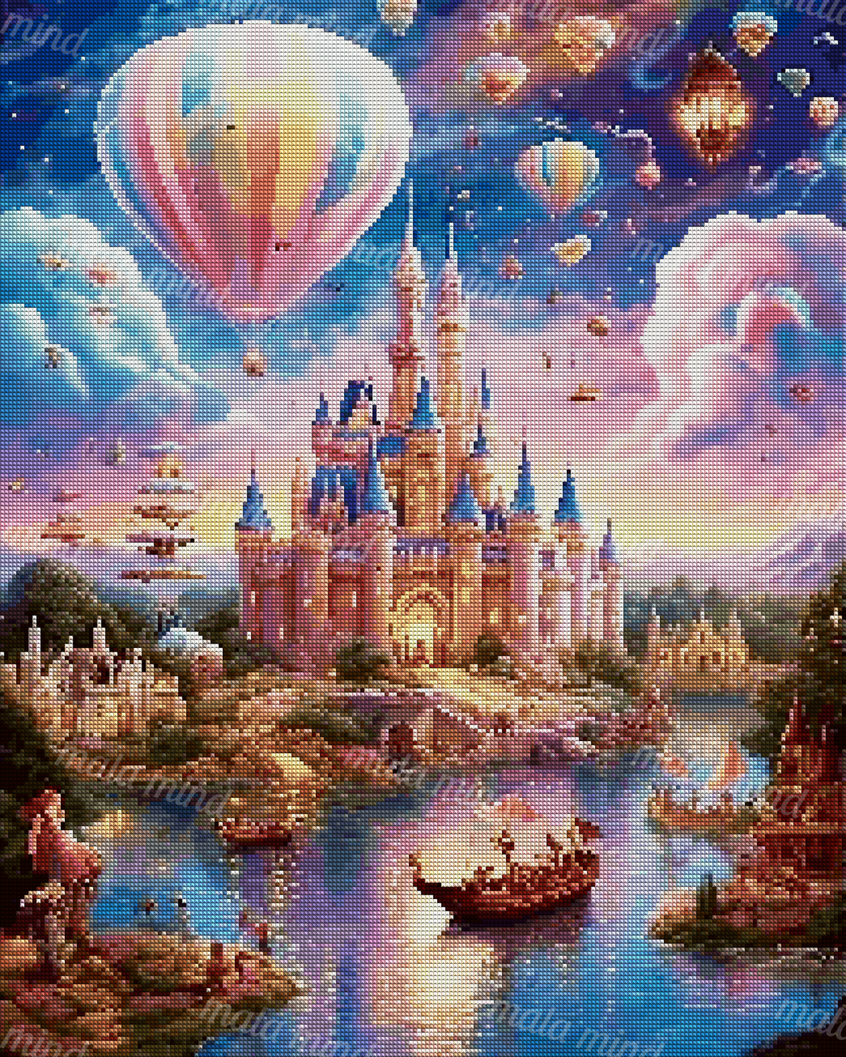 Fantasy castle beside a reflective river with boats, floating structures, mountains, and colorful hot air balloons — 04_diamond_render