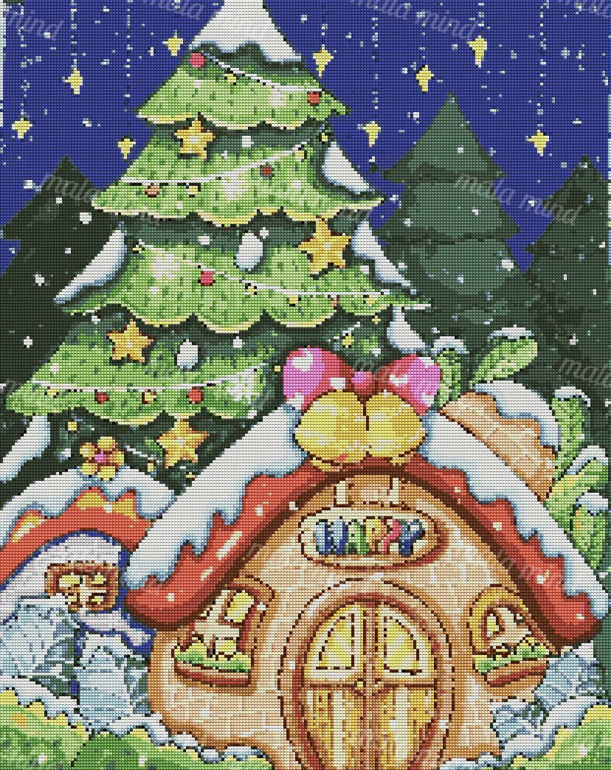 Snow-covered gingerbread house beneath a decorated Christmas tree in a snowy night scene — 04_diamond_render