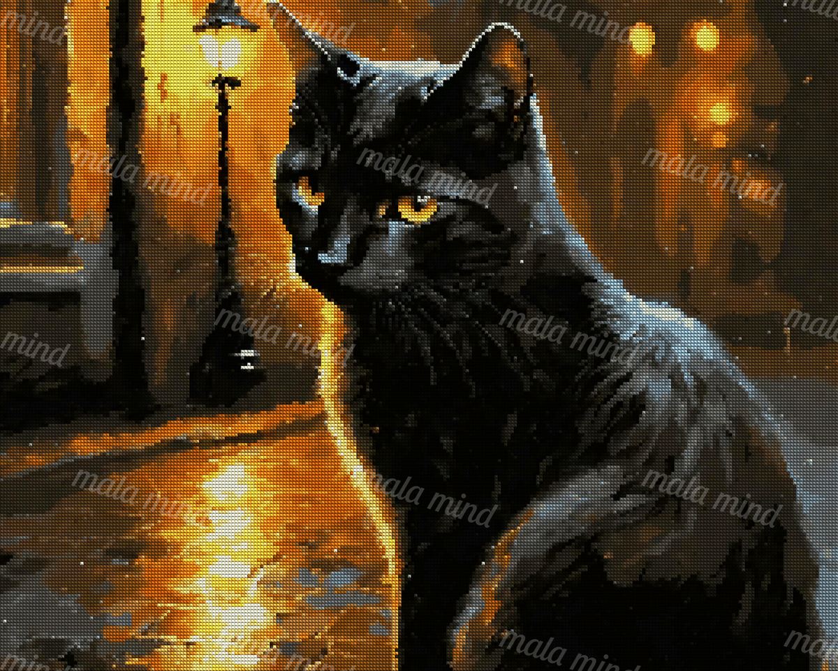 Black cat with amber eyes on a rainy street beneath warm glowing lamps — 04_diamond_render