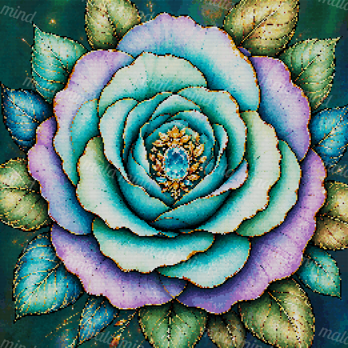 Layered turquoise and lavender flower with gold edges, green leaves, and a blue gemstone center — 04_diamond_render
