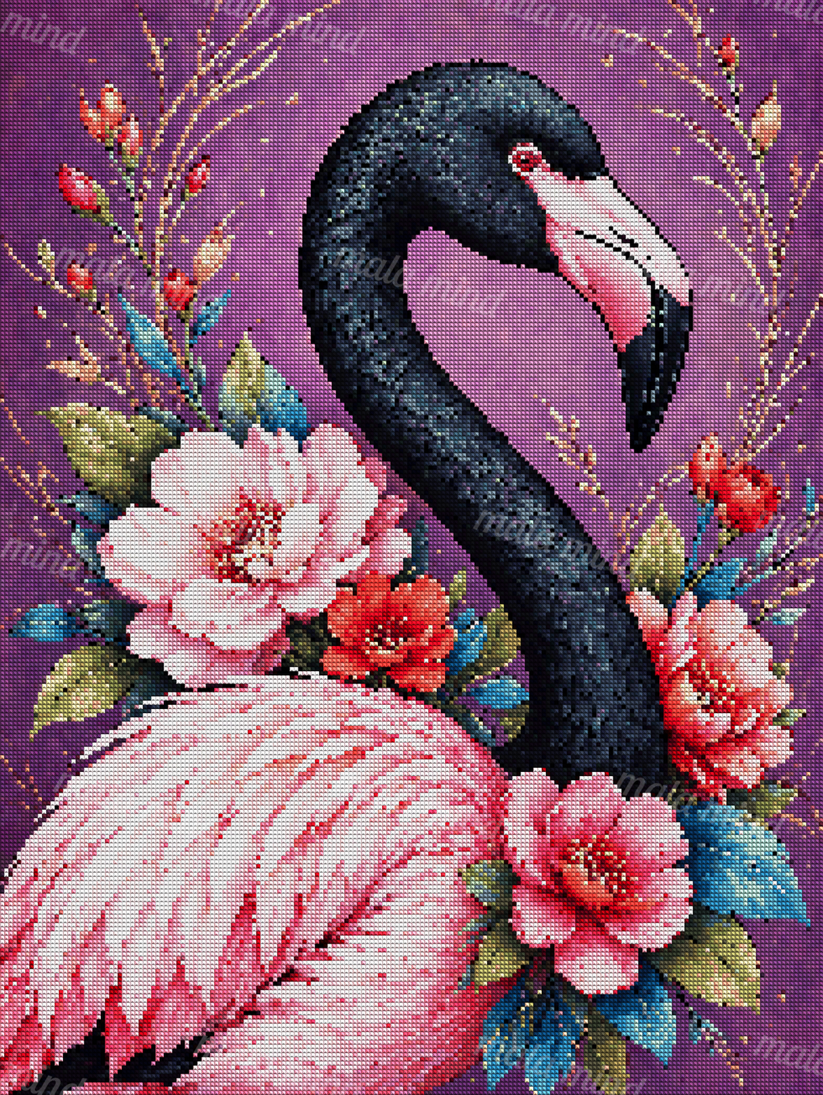 Black-and-pink flamingo surrounded by pink and red flowers on a purple background — 04_diamond_render