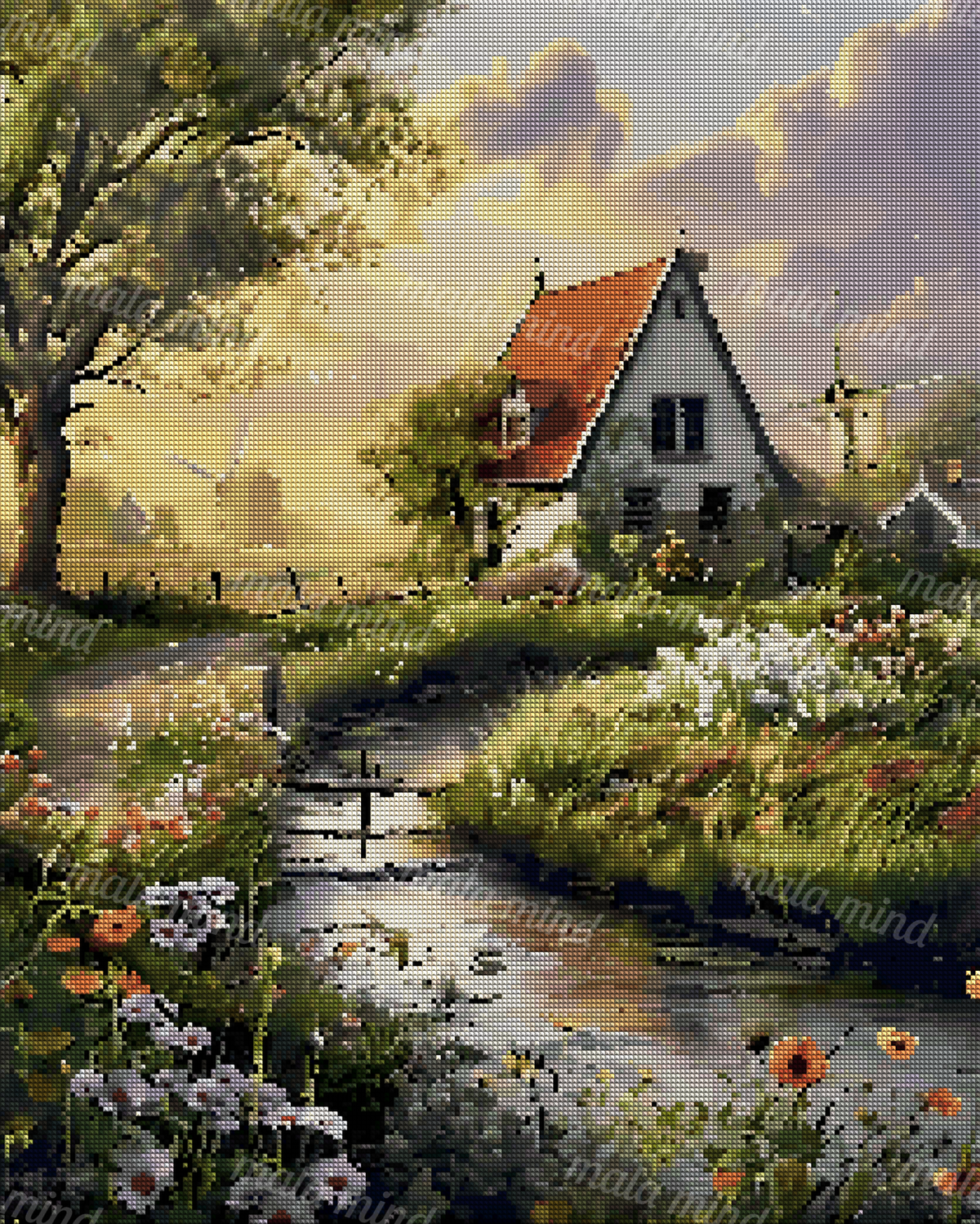Painterly cottage beside a flower-lined stream with a footbridge, windmills, and a glowing cloudy sky — 04_diamond_render
