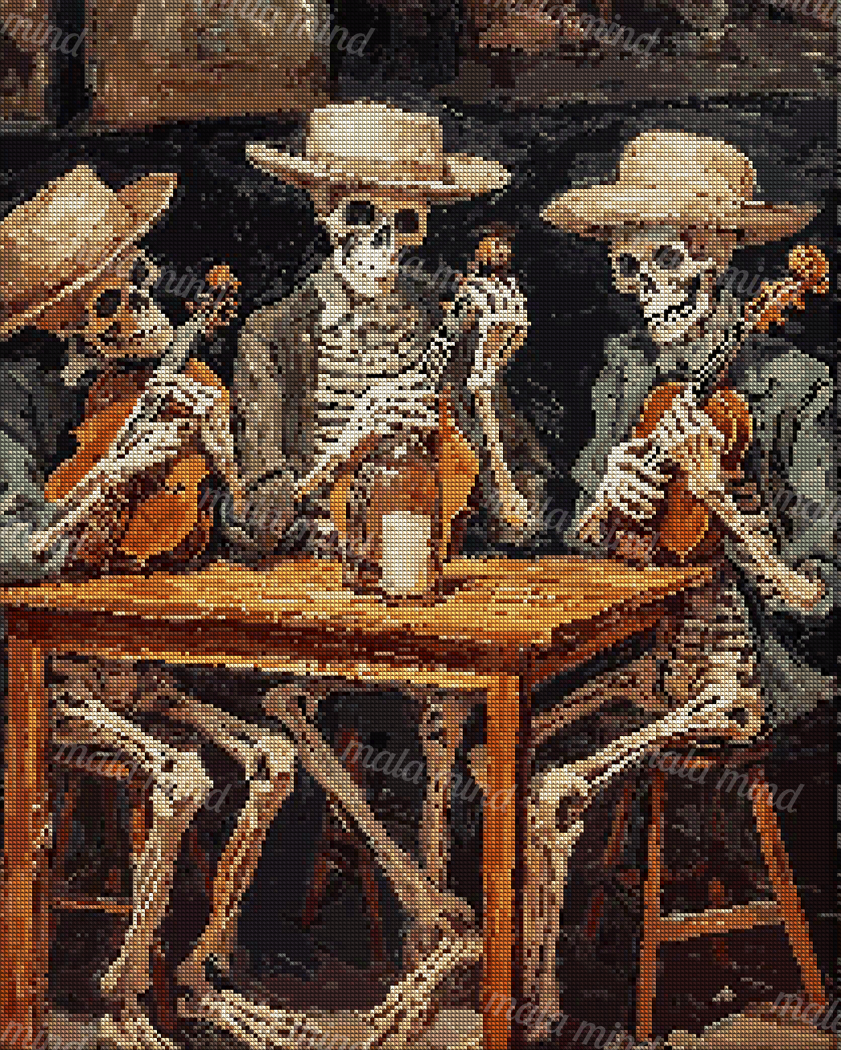 Three cowboy-hatted skeletons play bowed string instruments around a wooden table. — 04_diamond_render