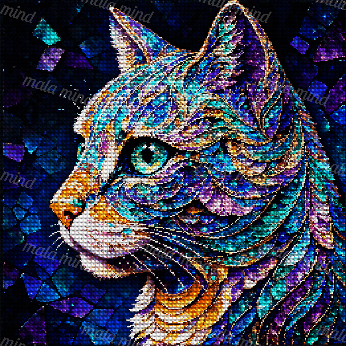 Ornate stained-glass bird head with colorful layered feathers, green-blue eye, orange beak, and mosaic background — 04_diamond_render
