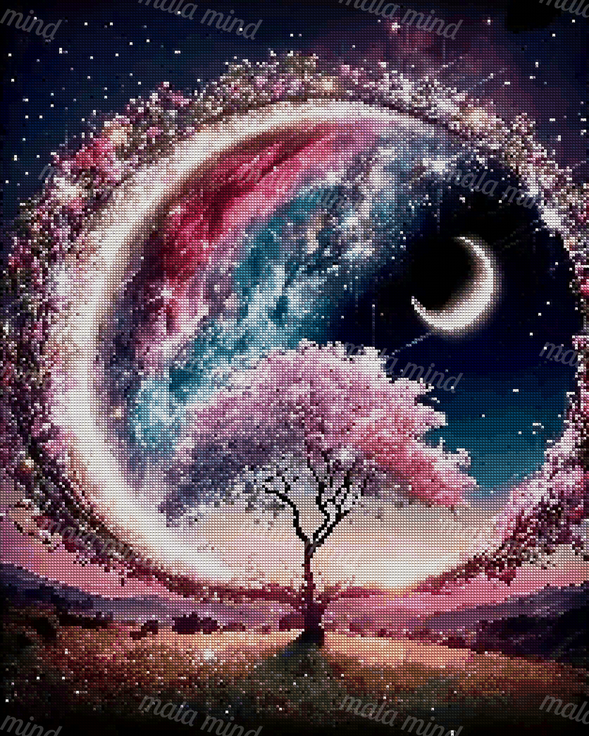 Pink flowering tree beneath a glowing cosmic arch with crescent moon, stars, mountains, and grassy foreground — 04_diamond_render
