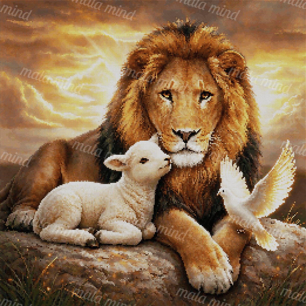 Realistic lion resting beside a white lamb and flying dove beneath glowing sunset clouds — 04_diamond_render