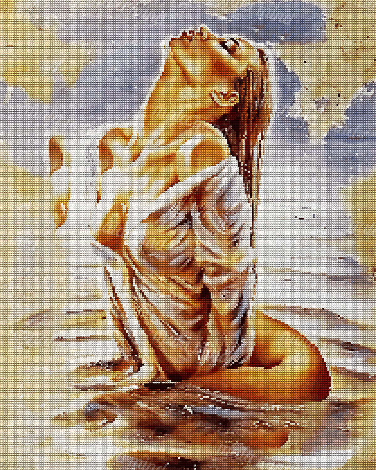 Painterly seated woman with tilted head, long brown hair, gold hoop earring, and draped pale fabric — 04_diamond_render