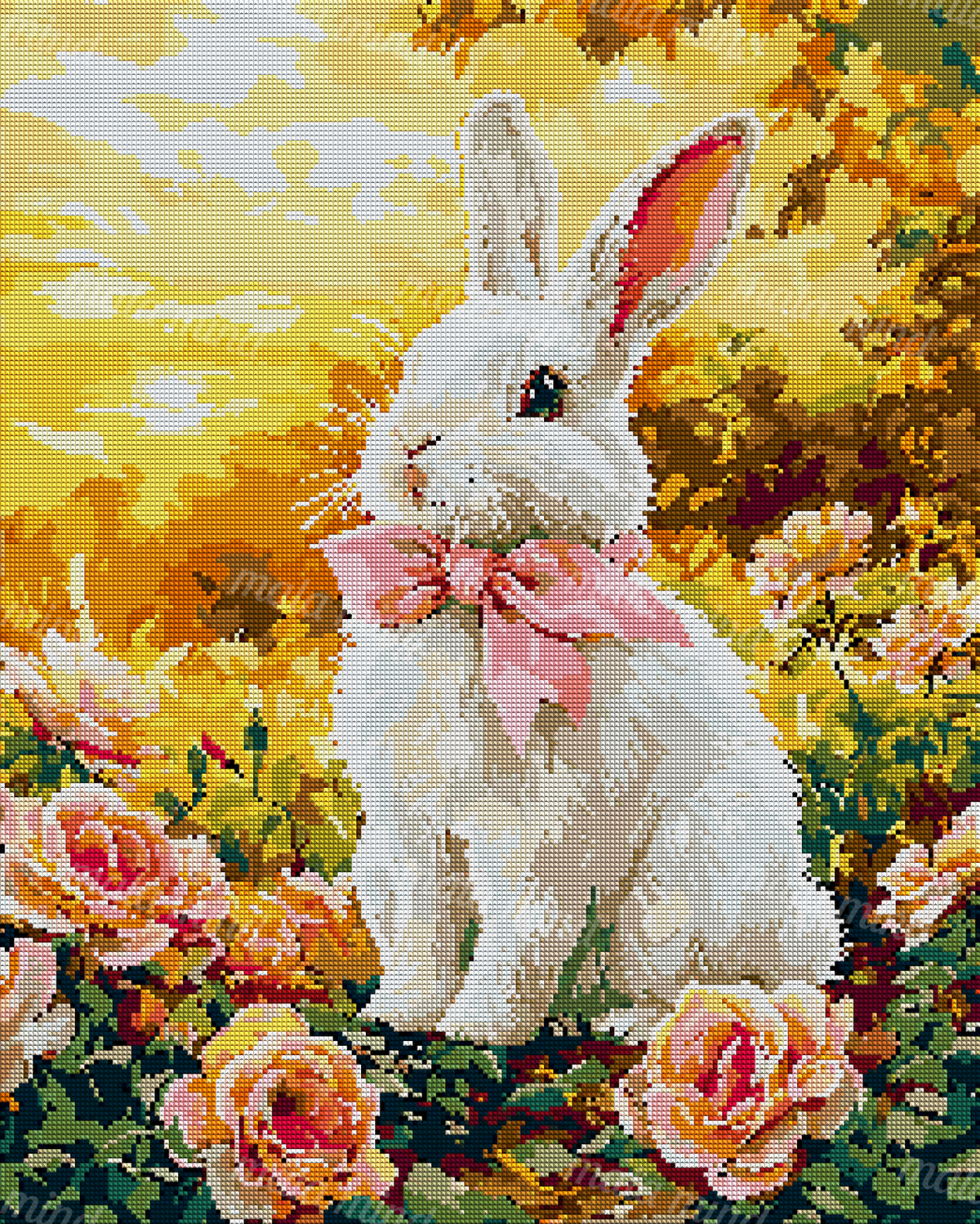 White rabbit with a large pink bow seated among roses and autumn foliage — 04_diamond_render