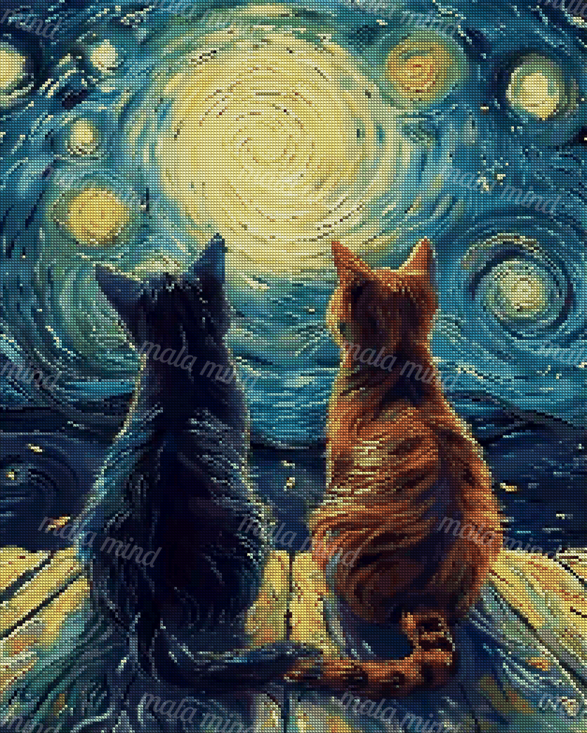 Two cats sit beneath a luminous spiraling blue-green sky with golden circular forms. — 04_diamond_render