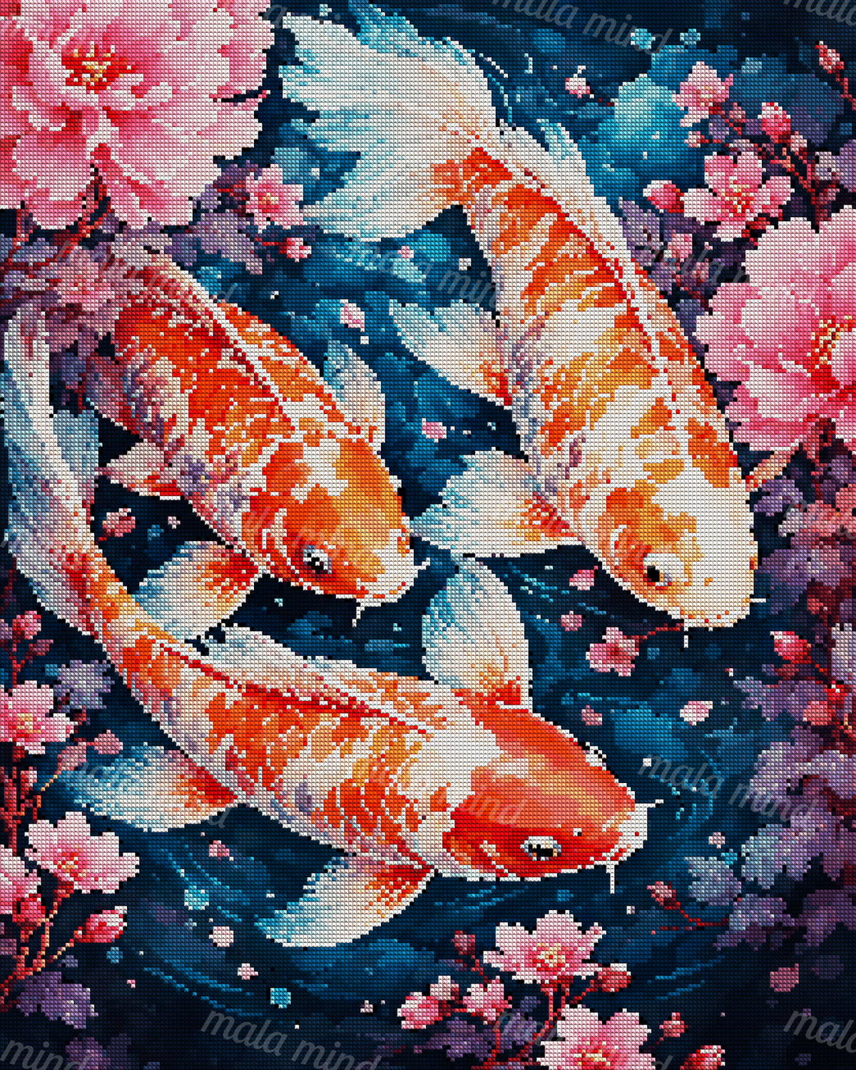Orange-and-white koi fish swimming among pink blossoms and purple leaves in dark blue pond water — 04_diamond_render