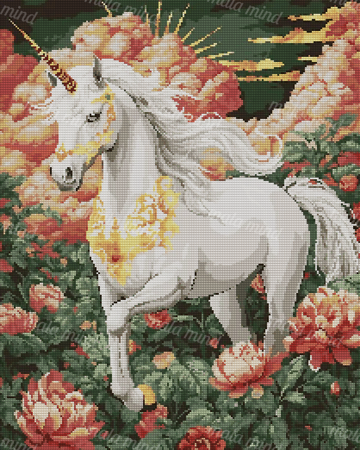 White unicorn with a flowing mane and gold markings surrounded by pink and red flowers. — 04_diamond_render