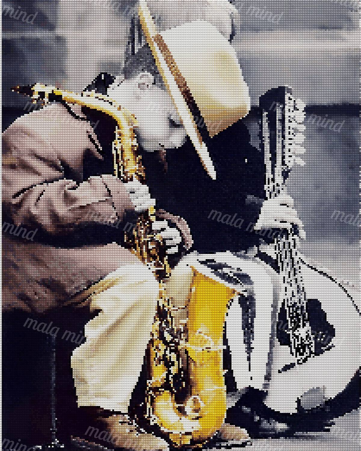 Two musicians perform with a golden saxophone and upright bass in a high-contrast portrait. — 04_diamond_render