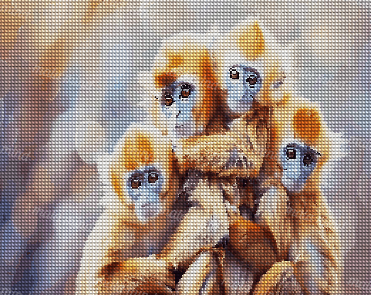 Four golden-furred monkeys with blue-gray faces grouped closely against a softly blurred background — 04_diamond_render