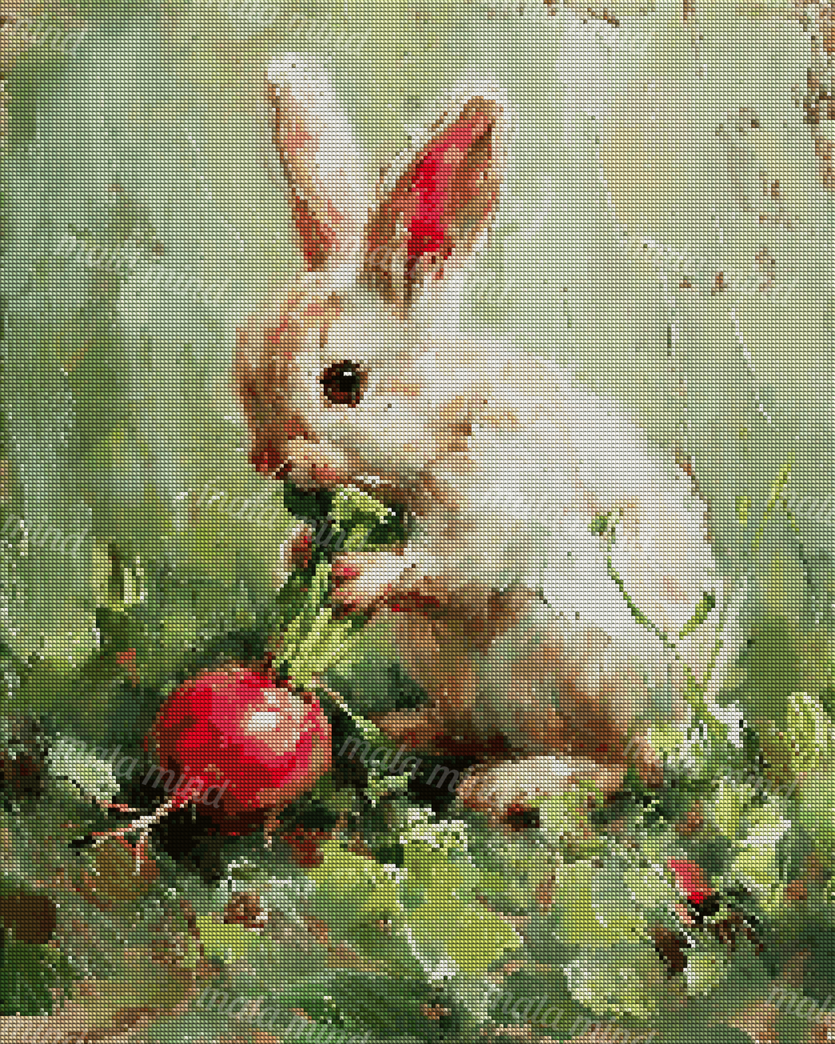 Impressionistic white rabbit eating leafy greens beside a bright red radish in a garden — 04_diamond_render