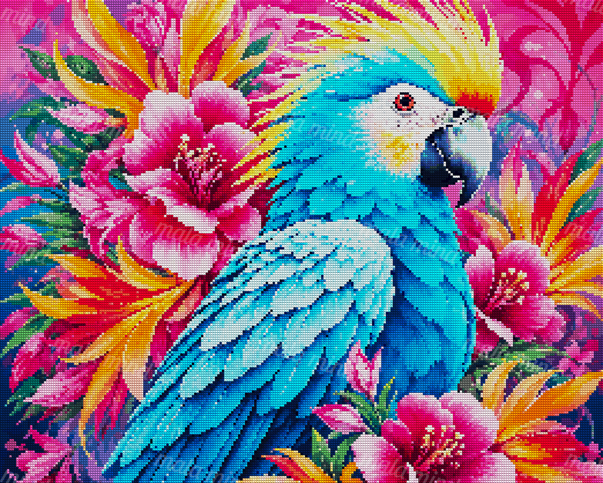 Bright blue parrot surrounded by pink hibiscus and orange tropical flowers — 04_diamond_render