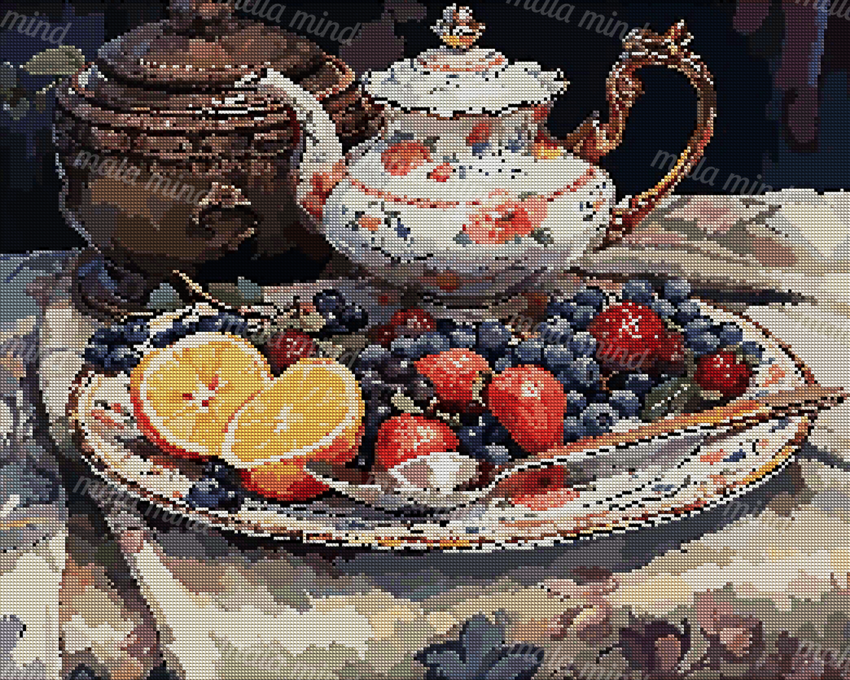 Painterly still life of a floral teapot, dark vessel, berry platter, sliced oranges, and spoon — 04_diamond_render
