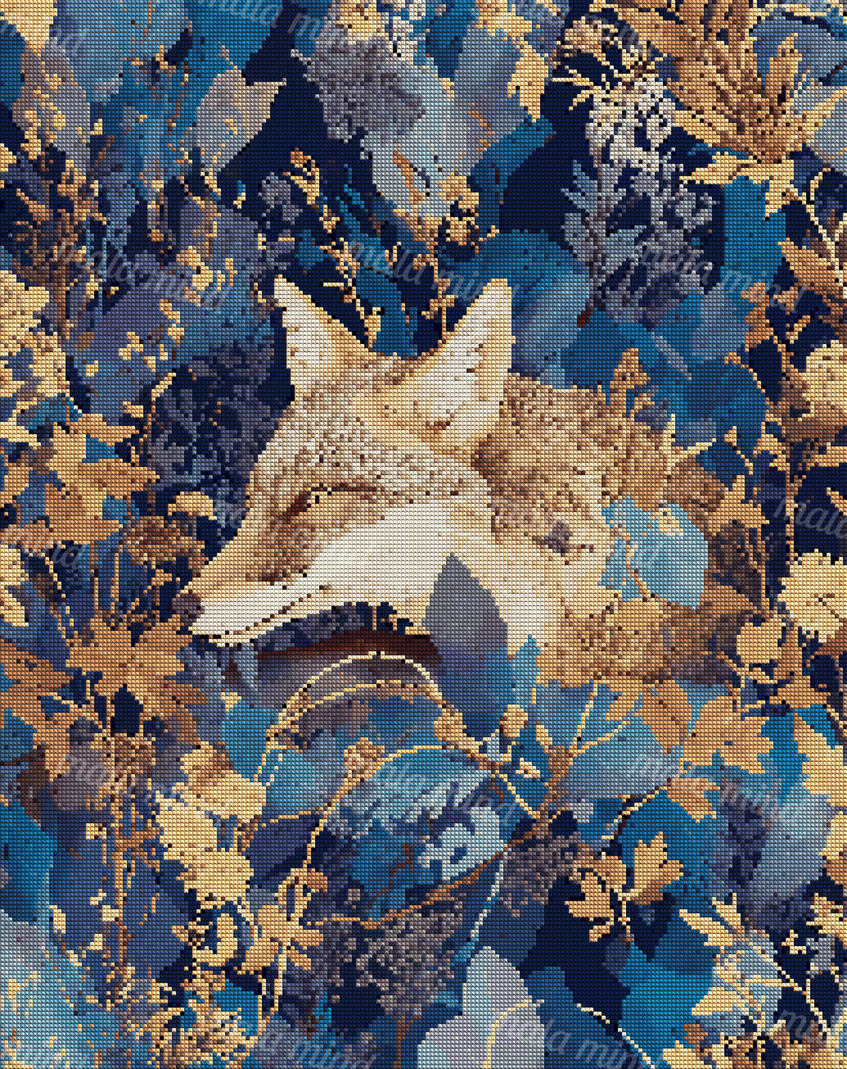 Fox in profile surrounded by dense blue foliage, vines, leaves, and warm-toned wildflowers. — 04_diamond_render