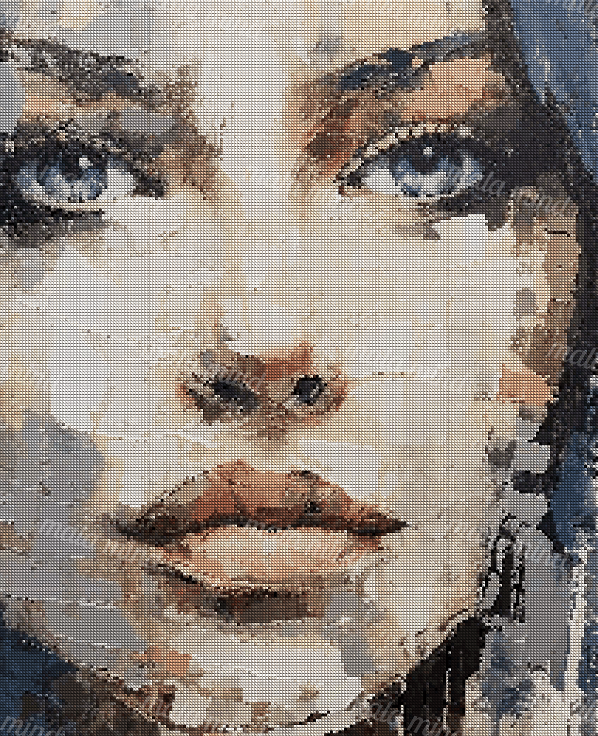Close-up expressive portrait of a woman with blue-gray eyes and layered textured brushstrokes — 04_diamond_render