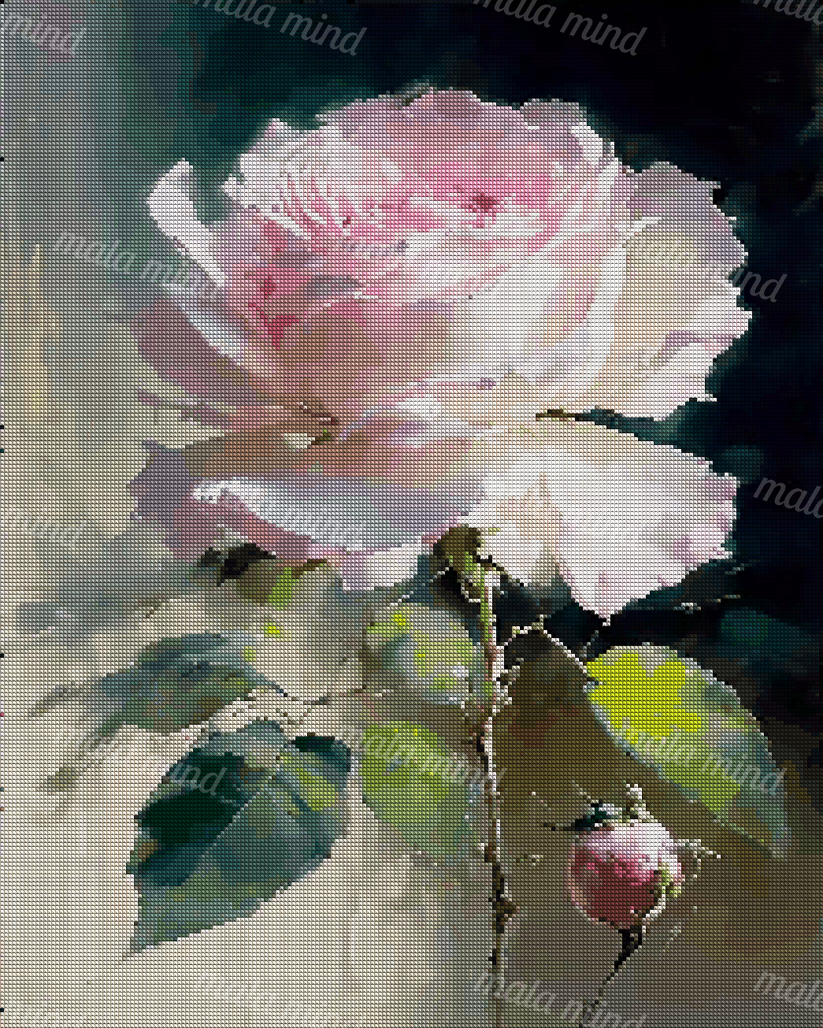 Painterly pale pink rose with green leaves, thorny stem, and a small rosebud on a dark background — 04_diamond_render