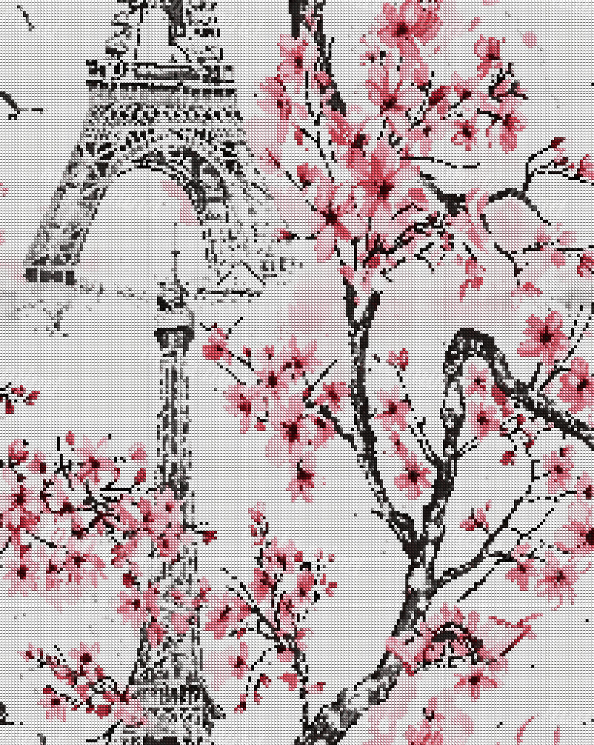 Black-and-white Eiffel Tower framed by pink blossoms, dark branches, and small flying birds. — 04_diamond_render