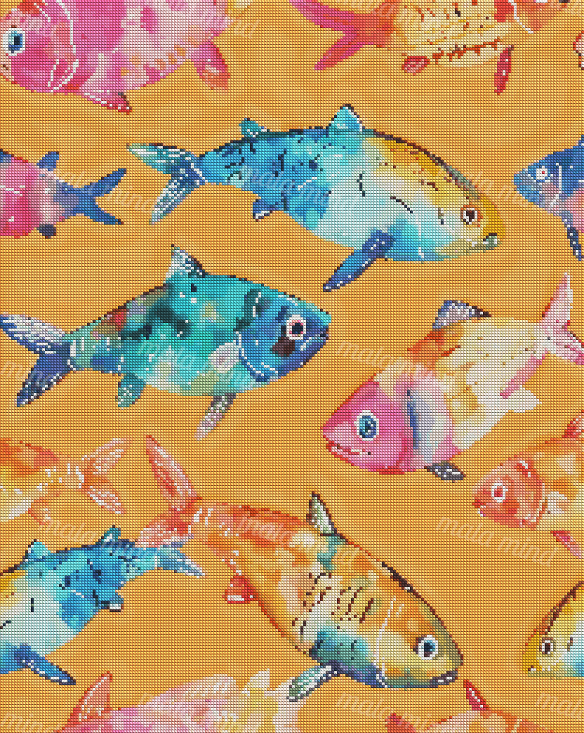 Colorful watercolor-style fish arranged in a repeating pattern on a bright orange background — 04_diamond_render