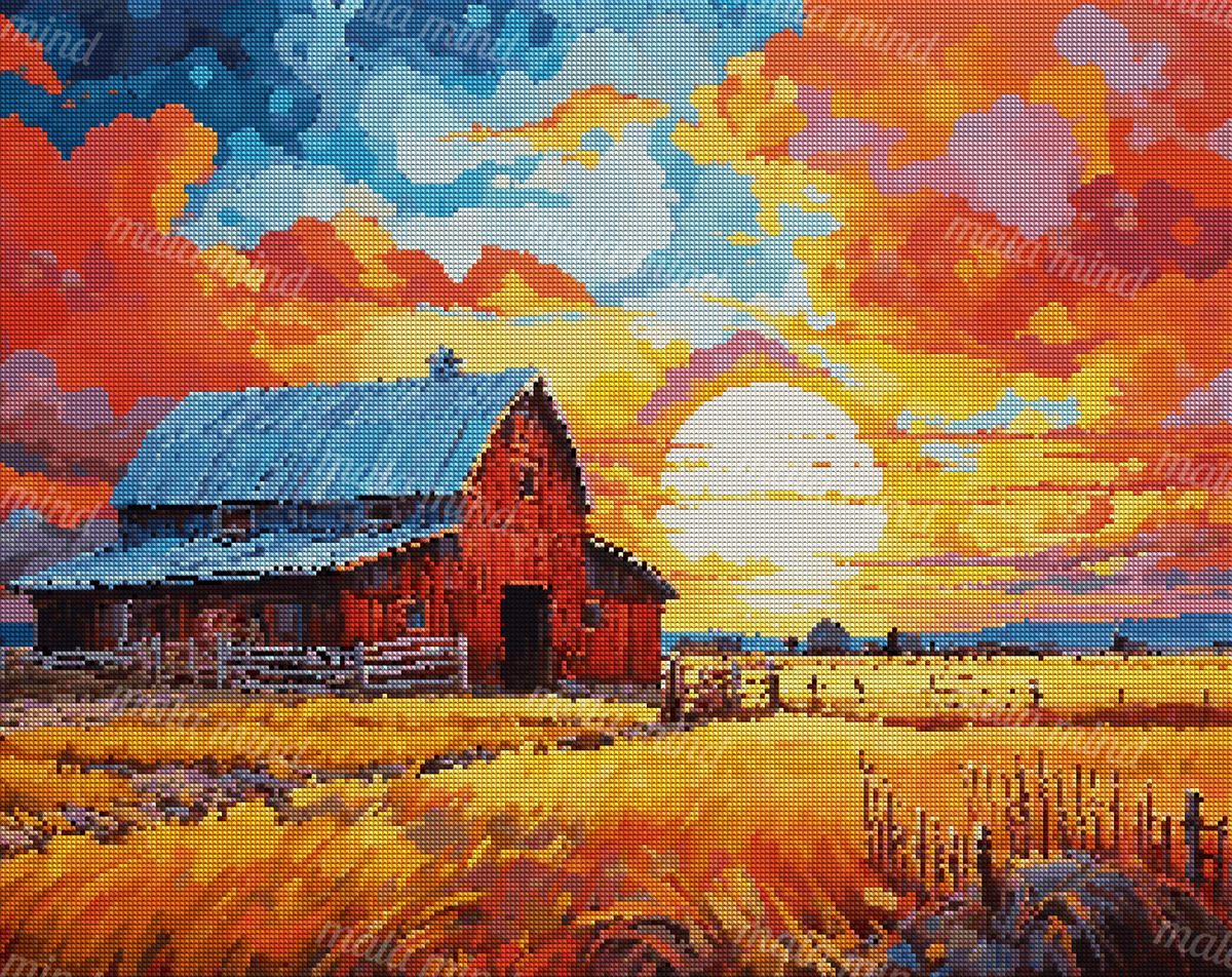 Painterly red barn beside a fenced wheat field beneath a bright, cloud-filled sunset. — 04_diamond_render