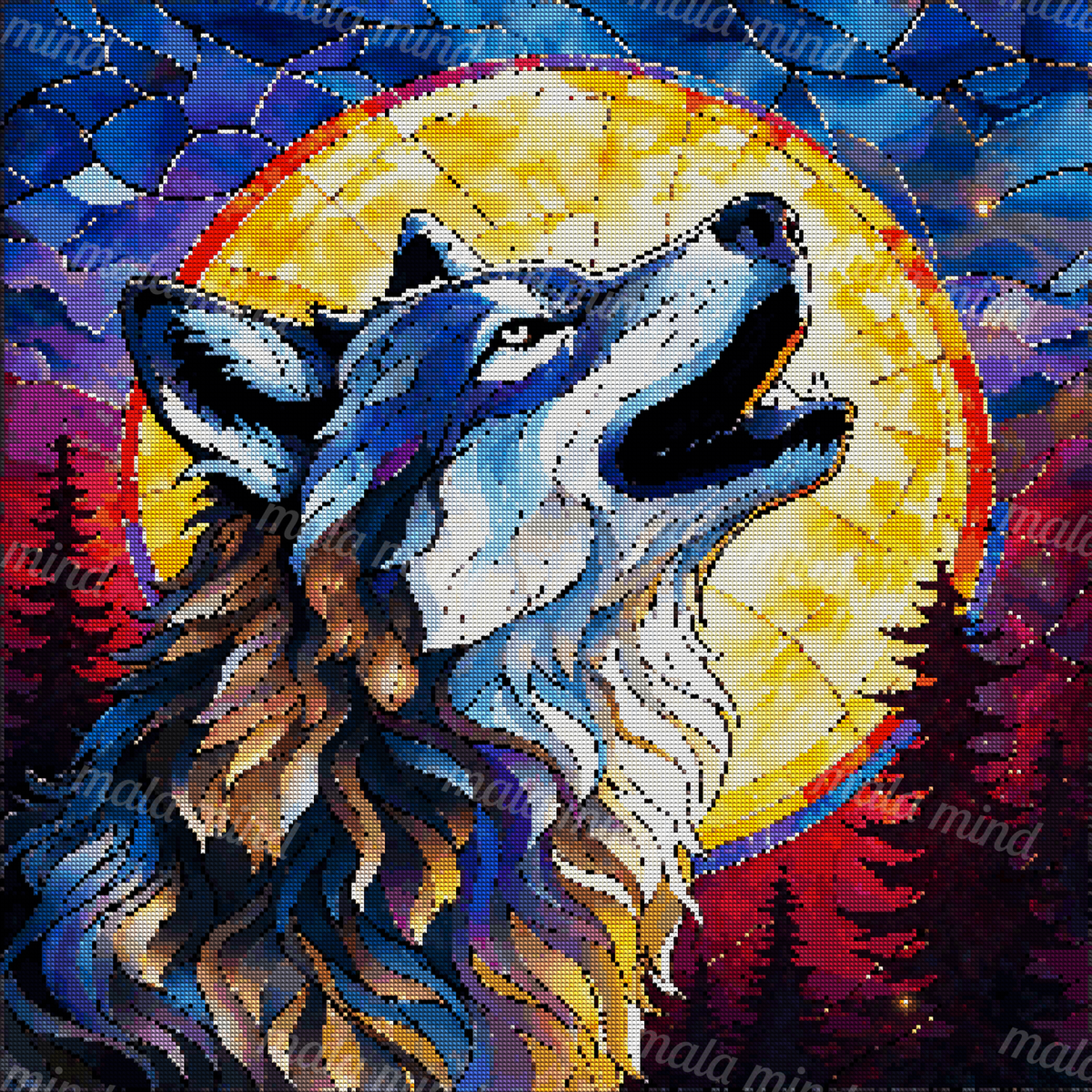 Blue stained-glass wolf howling before a glowing full moon and evergreen forest — 04_diamond_render