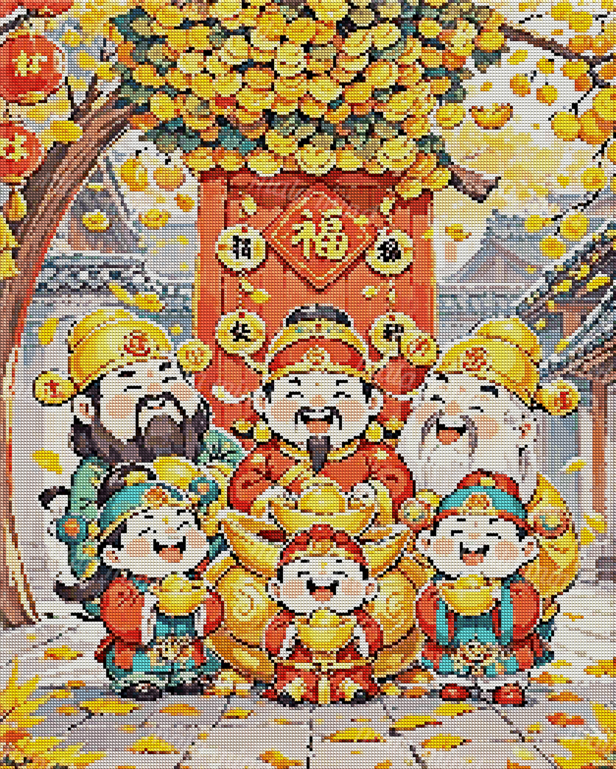 Six smiling figures holding golden bowls beneath an ornament-covered tree in a festive Chinese courtyard — 04_diamond_render