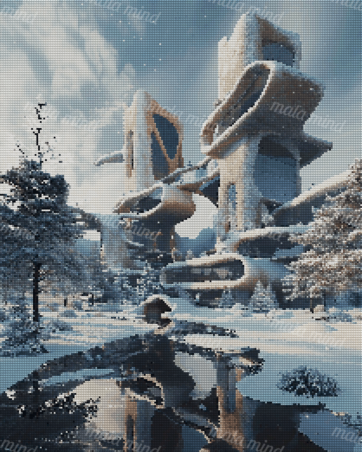 Futuristic curved towers rise above snowy trees beside a reflective pond under a cloudy blue-gray sky. — 04_diamond_render