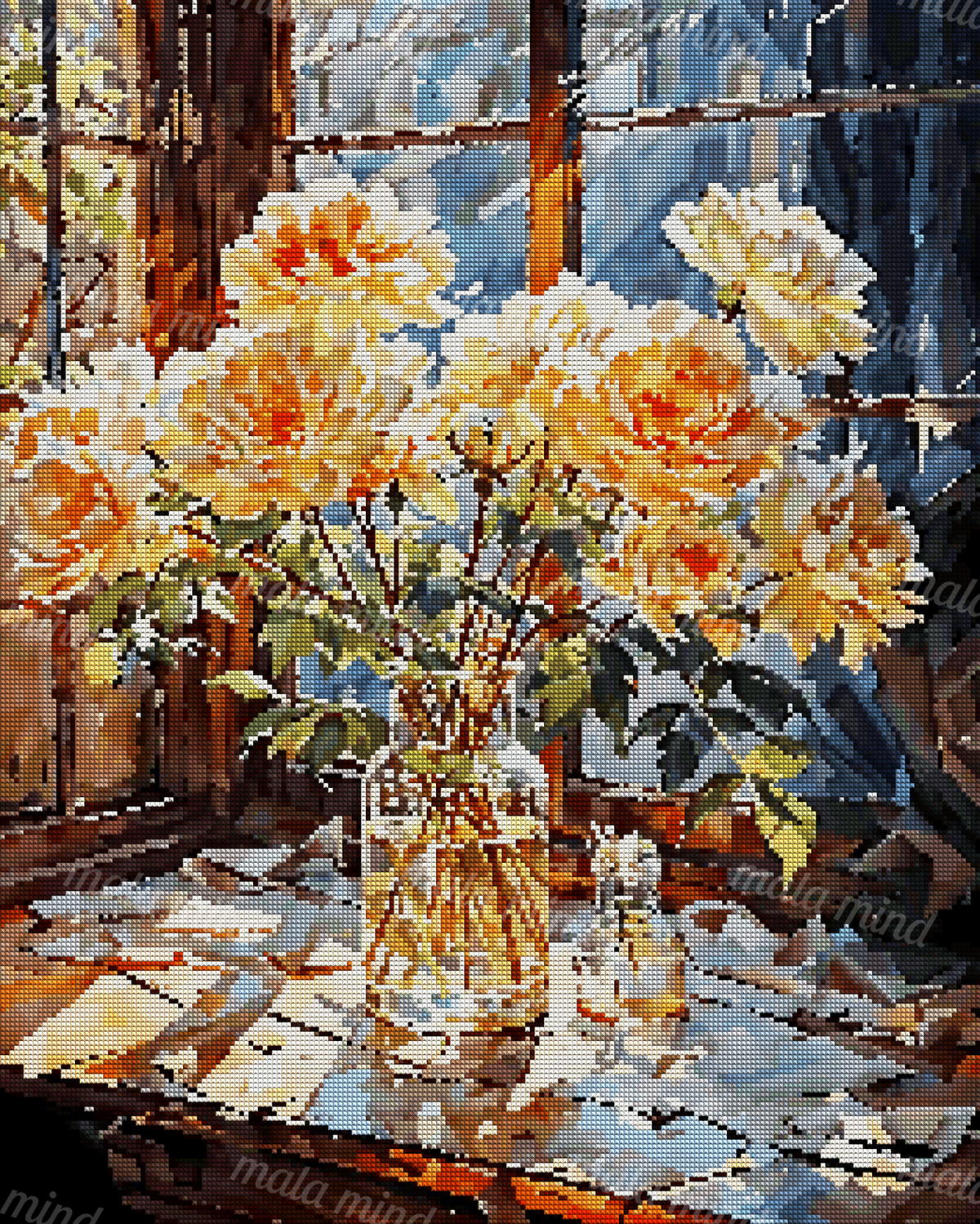 Orange and cream flowers in a clear vase on a reflective table by blue windows — 04_diamond_render