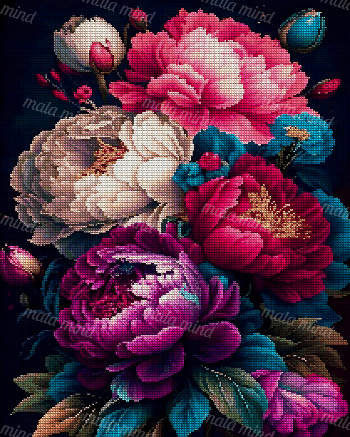Vivid layered pink, white, blue, and purple flowers with teal foliage on a dark background — 04_diamond_render