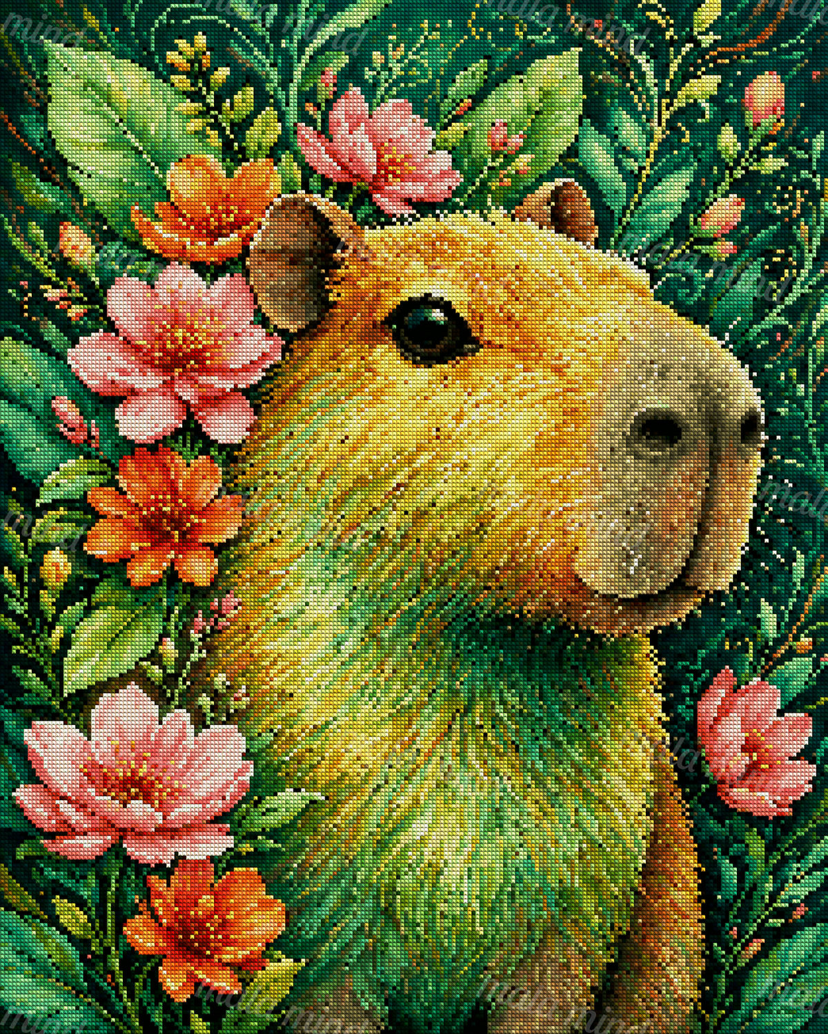 Close-up golden-brown capybara surrounded by pink and orange flowers and dense green foliage — 04_diamond_render