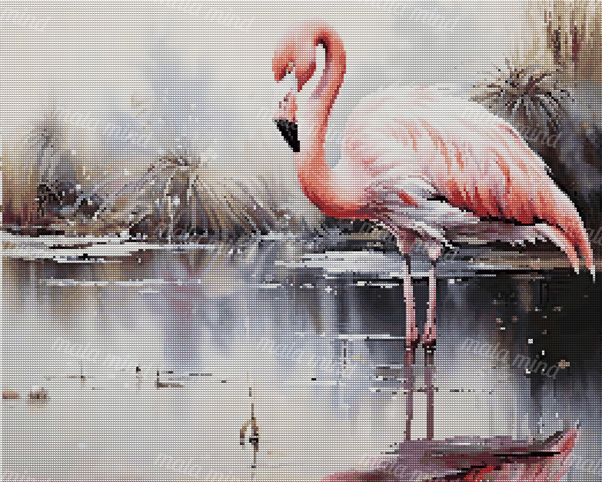 Pink flamingo standing in shallow reflective water beside spiky wetland plants. — 04_diamond_render