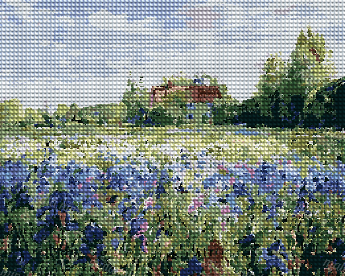Painterly wildflower meadow leading to a small rural house beneath trees and a cloudy blue sky. — 04_diamond_render