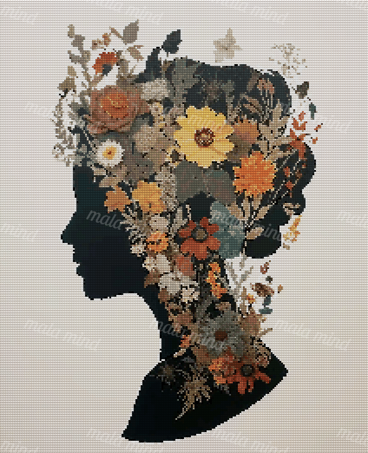 Left-facing woman's profile filled with colorful flowers and foliage on a cream background — 04_diamond_render