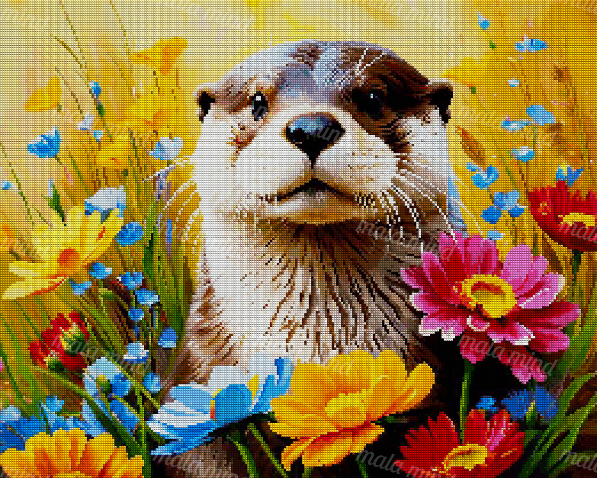 Front-facing otter surrounded by bright blue, orange, pink, and red flowers on a golden background — 04_diamond_render