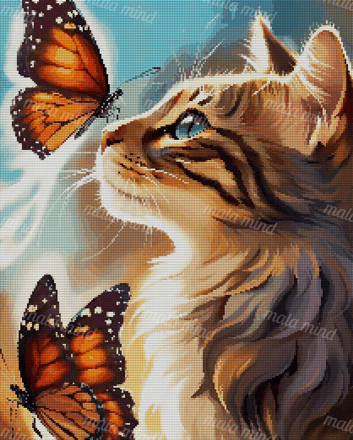 Close-up long-haired brown-and-cream cat with a green eye and orange-and-black butterflies against blue. — 04_diamond_render