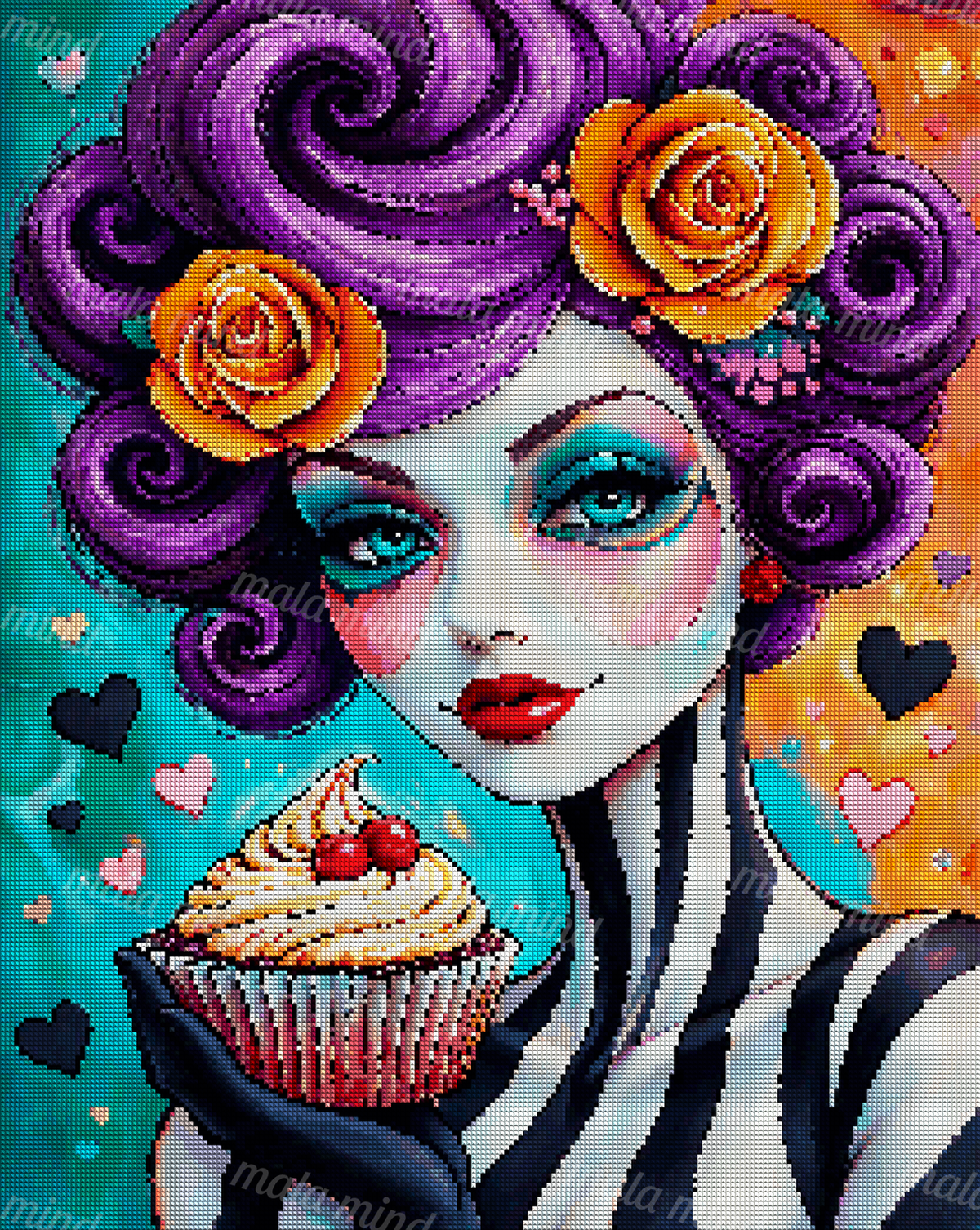Pop-art woman with purple curled hair holding a frosted cupcake topped with cherries — 04_diamond_render